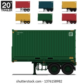 Isolated container 20 Ft on trailer on transparent background