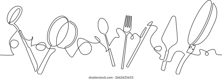  Ilustración de dibujo de línea continua aislada de utensilios. Antecedentes para restaurante, cocina o blog de comida. Arte vectorial.