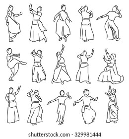 Isolated contour silhouettes indian dancers. Vector set