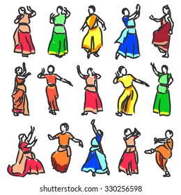 Isolated contour silhouettes indian dancers. Vector set