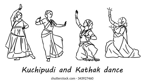 Isolated contour silhouettes indian dancers. Vector set