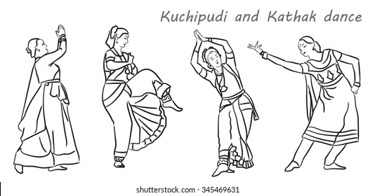 Isolated contour silhouettes indian dancers. Vector set