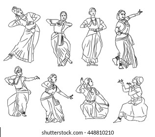 Isolated contour silhouettes indian dancers. Vector set