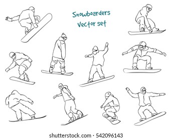 Isolated contour silhouettes snowboarders. Vector set for design
