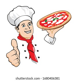 
isolated cook with happy expression, pizza and  red scarf and white hat. hand with thumb making like
