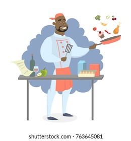 Isolated cooking african male chef with table and ingredients.