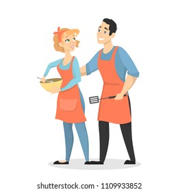 Isolated cooking couple standing on white background.