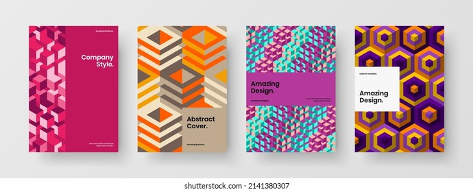 Isolated corporate brochure A4 design vector template bundle. Simple mosaic pattern pamphlet illustration set.