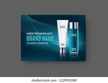 Isolated cosmetic poster template, blue translucent bottle with white tube for moisturizing cream on background with abstract digital wave, new care technology