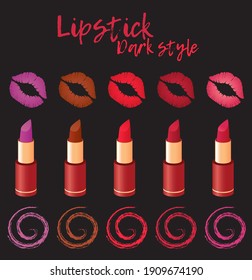 Isolated cosmetics lipsticks in a dark style of brown, pink, coral, purple in a burgundy case with gold decoration on a black background. Lipstick mark, strokes. Set of vector illustrations