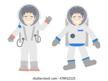 Isolated cosmonauts set on white background. Astronauts in different suits and helmets. Standing and floating. Exploring cosmos. Handsome and smiling man,