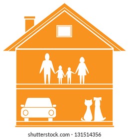 isolated cottage symbol with house and happy family in home
