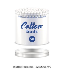 Isolated cotton swab or bud pack. Realistic ear stick package. Hygiene or medical tool for clean ears. Mock or close up for individual health utensil. Bathroom healthcare, hygienic theme. Toiletries.