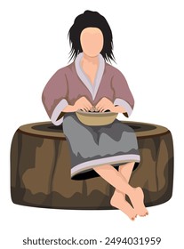 isolated countryside girl sitting on stump on white background vector design