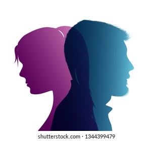 Isolated couple colored silhouette. Divorce concept. End of the wedding. Separation between groom and bride. Divorced man and woman