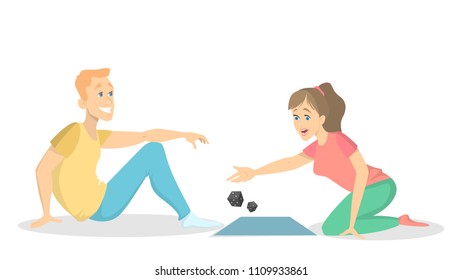 Isolated couple playing with dice on white.