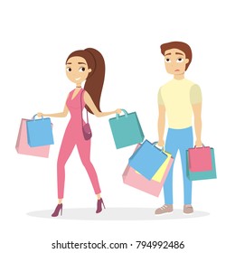 Isolated couple shopping with bags on white background.