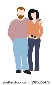 Isolated couple standing and hugging each other. Bearded man and black hair woman. Flat style vector illustration. 