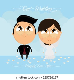 an isolated couple in a wedding on a blue background with flowers