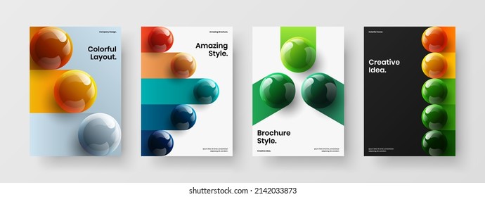 Isolated cover design vector layout set. Clean realistic balls company brochure illustration composition.