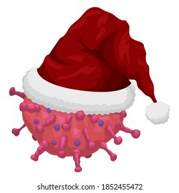 Isolated COVID-19 representation wearing a seasonal Santa's hat, promoting prevention and awareness during Xmas season.
