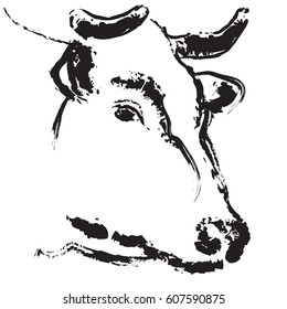 Isolated Cow head Logo. Black outline. White background. Style drawing with coal.