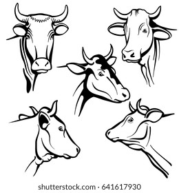 Isolated Cow Head Vector Portraits, Cattle Faces For Farm Natural Dairy Products Packing