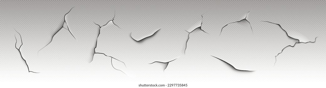 Efecto aislado de la textura de pintura de grieta sobre fondo transparente. 3 d juego de png de escayola de pared seca dañado. Colección abstracta de estuco rudo y realista rota. Detalle de división en tierra. Plantilla para terremotos negros