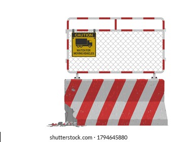 isolated cracked barrier with warning sign on white background
