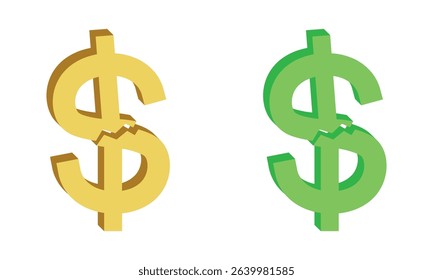 Isolated cracked dollar symbol with green and yellow color. Money decrease, falling value, currency depreciation, price down, profit loss, warning of financial crisis, recession.
