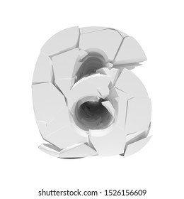 Isolated cracked number 6, image have clipping path. 3D render.