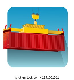 isolated crane container lifting in blue sky with long shadow round icon vector illustration