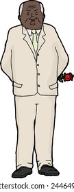 Isolated cranky businessman holding rose behind his back