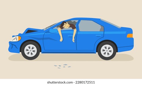 Isolated crashed car. Road accident death. Male driver killed after colliding. Flat vector illustration template.