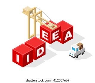 Isolated Creative Red Block Word " Idea " on White Background. Construction Concept. Vector Illustration.
