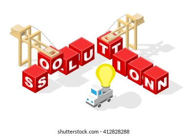 Isolated Creative Red Block Word " solution " on White Background. Construction Concept. Vector Illustration.