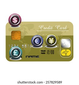 Isolated credit card with various foreign currency symbols. Credit card purchase theme 