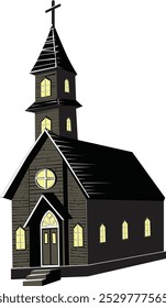 Isolated Creepy Wooden Church in the dark night. Religion, faith, belief icon or symbol. Vector illustration.