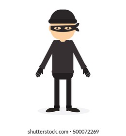 Isolated criminal person on white background. Cartoon robber or thief with black outfit and mask.