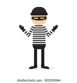 Isolated criminal person on white background. Cartoon robber or thief with striped outfit and mask.