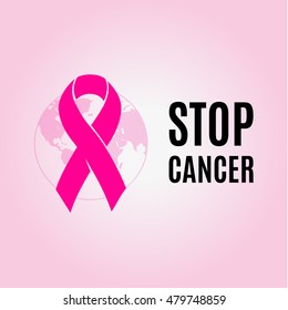 Isolated crimson color ribbon on the pink background logo. Against cancer logotype. Stop disease symbol. International worldwide breast cancer week. Medical sign. Earth image. Vector illustration