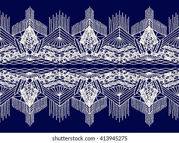 Isolated crocheted lace border with an openwork pattern. Vector illustration. Glamour, modern, fashionable pattern.