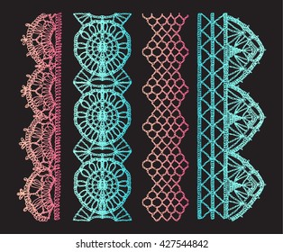 Isolated crocheted lace border with an openwork pattern. Set of isolated knitted lace borders. Vector illustration