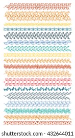 Isolated crocheted lace border with an openwork pattern. Stitch pattern for clothing, elements of folk embroidery, cross stitch vector ornament, set of art brushes with embroidery cross.