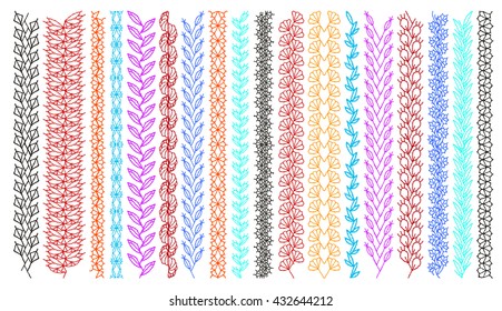 Isolated crocheted lace border with an openwork pattern. Stitch pattern for clothing, elements of folk embroidery, cross stitch vector ornament, set of art brushes with embroidery cross.
