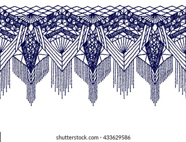 Isolated crocheted lace border with an openwork pattern. Vector illustration. Glamour, modern, fashionable pattern.