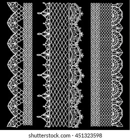 Isolated crocheted lace border with an openwork pattern. Set of isolated knitted lace borders. Vector illustration