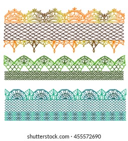 Isolated crocheted lace border with an openwork pattern. Set of isolated knitted lace borders. Vector illustration