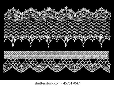 Isolated crocheted lace border with an openwork pattern. Set of isolated knitted lace borders. Vector illustration