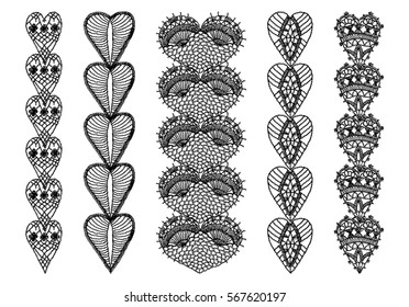 Isolated crocheted lace border with an openwork pattern. Knitted flower mandala, crochet doily, black and white pattern in the style of boho chic, ethnic ornament to decorate clothing.